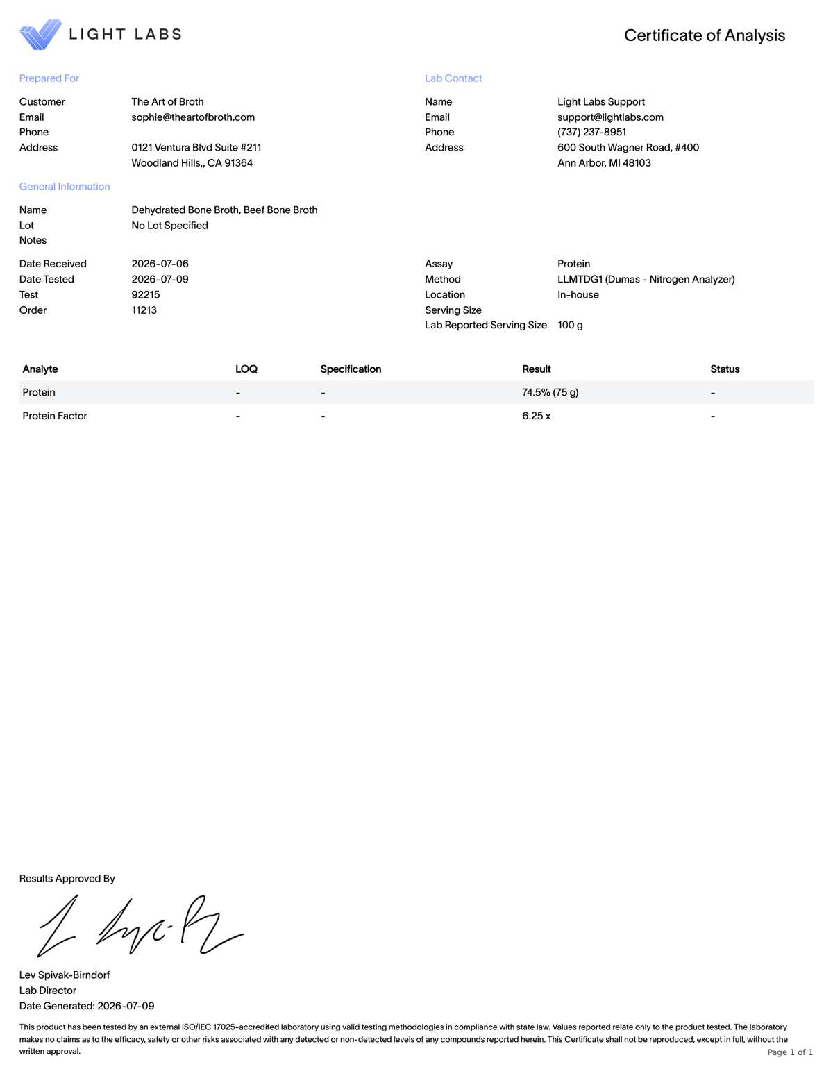 Read the beef bone broth COA, page 1