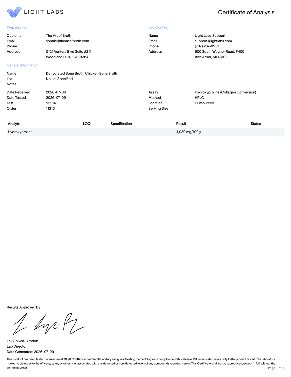 Read the chicken bone broth COA, page 1